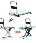 Rock Solid Heavy Duty Electric Hydraulic Scissor Lift Table Cart 660 Pounds Capacity Premium Stainless Steel Platform portable lift in various positions.