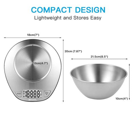 Digital Kitchen Scale With Large Clear Display And Stainless Steel Mixing Bowl For Wet And Dry Foods, dimensions shown