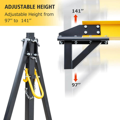 Heavy Duty Portable Gantry Crane 2 Ton 4400 Lb Load Capacity Adjustable Lift Rig showing height adjustment from 97 to 141 inches.