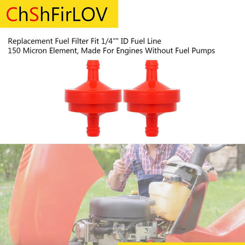 Inline Lawn Mower Fuel Filter One Quarter Inch Fuel Line 75 Micron Replacement Filter Pack next to riding mower engine