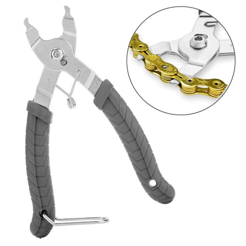 Pro Bike Chain Repair Kit With 2in1 Master Link Pliers And Chain Breaker Splitter For 6 To 10 Speed Chains Includes 6 Pairs Missing Links And Quick Links Professional Bicycle Tool Set Gray, showing gray pliers and close-up chain link detail