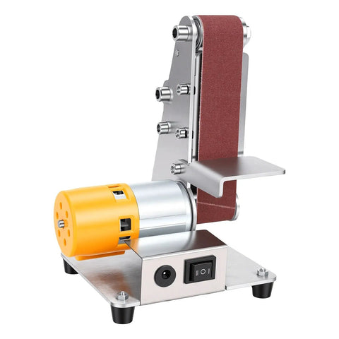 Mini 3 In 1 Belt Sander And Benchtop Grinder With Seven Speeds For Smooth Wood Sanding Metal Polishing And Fast Blade Sharpening A No Sweat Shop Essential, showcasing a compact design with an abrasive belt and motor.