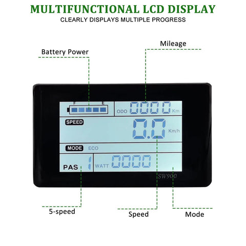Multifunctional LCD display for 48V 1000W Electric Bike Conversion Kit With Pedal Assist Sensor showing battery, speed, and mileage.