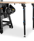 Knock Down Outfeed Table Kit With Foldable Legs For Small Shops, removable extension attached to table saw, black legs, leveler visible