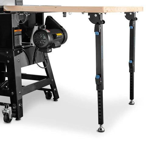 Knock Down Outfeed Table Kit With Foldable Legs For Small Shops, removable extension attached to table saw, black legs, leveler visible