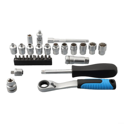 29 Piece Ratchet Socket Wrench Set Made From Heat Treated Chrome Vanadium Steel With Metric Sockets Driver Bits Extensions And Dual Direction Handle. A complete tools collection.