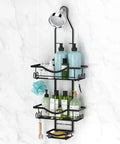 Must Have Overhead Shower Organizer With Adjustable Height Rustproof Caddy With Hooks And Soap Holder Extended Length Large Capacity Anti Swing Design Black Finish Easy Install For A Neat Tidy Bathroom Space, shown wall-mounted with toiletries.