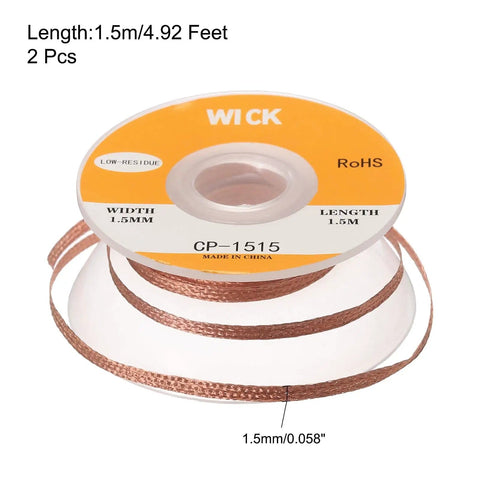 Desoldering Wick Braid No Clean Solder Wick 0.06 Inch Wide 5 Feet Long 2 Pack, copper braid spool for solder removal.