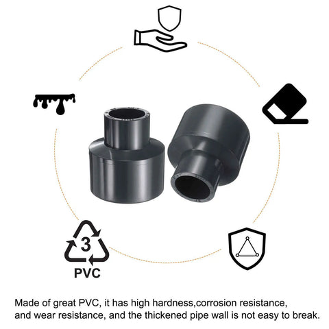 PVC Reducing Coupling 2 X 1 Inch 2 Pack DWV Sewer And Drain Pipe Fittings Adapter, black PVC material, front view