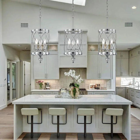 Chandelier Industrial Pendant Light With Chrome Finish, 3 Light Cylinder Metal Shade, over modern kitchen island
