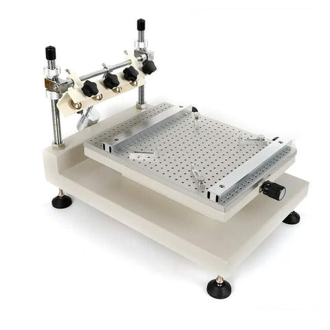 Manual Solder Paste Printer for PCB SMT Stencil Printing, Adjustable Height 300x400mm Work Area, High Precision Alignment.