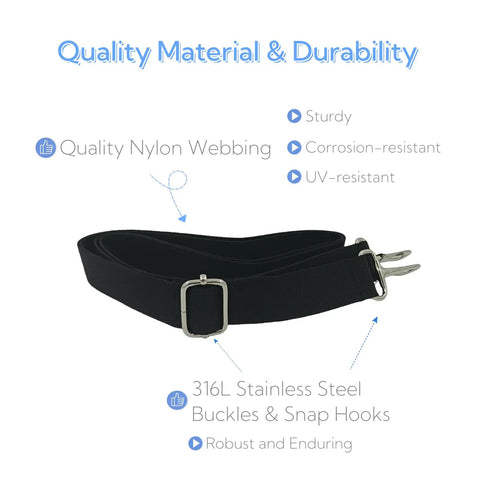 Four Pack Bimini Top Straps For Boats showing quality nylon webbing with 316L stainless steel buckles and snap hooks