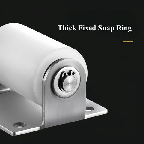 Close-up of a 4 inch slide gate guide roller set with 40mm nylon wheels and post welded bracket, featuring a thick fixed snap ring.