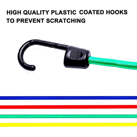 Heavy Duty Bungee Cord Set With Hooks In Jar, 25 Piece Latex Core Elastic Cords with plastic coated hook in multiple colors.
