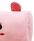 Close-up of Super Cute Plush Bunny Shape Hand Warmer Muff Pillow, pink velvet, cute face detail, non-electric for winter warmth.