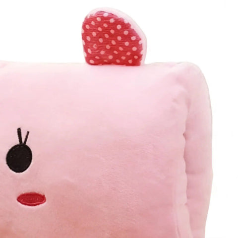 Close-up of Super Cute Plush Bunny Shape Hand Warmer Muff Pillow, pink velvet, cute face detail, non-electric for winter warmth.