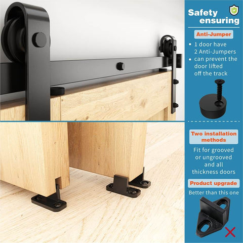 Heavy Duty Sliding Barn Door Roller Kit With Anti Jumper Stopper Floor Guide No Squeak Accessories, track and door close-up