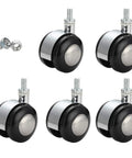 Darn Smooth Dual Swivel Casters Replacement Trolley Wheels For Office Chairs And Sofas With No Sweat Moving Heavy Built Tough Twin Rollers Universal M10 Stem Two Inch Plastic Glide Non Marking Finish set of five black and chrome wheels with dual swivel design.