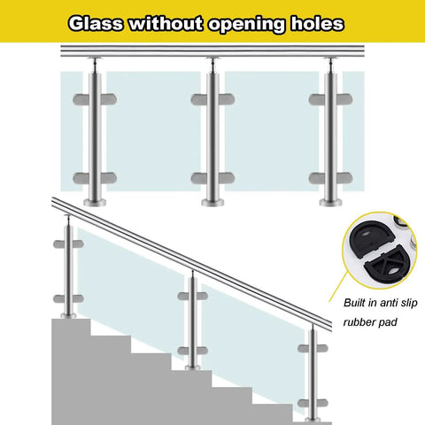 Heavy Duty Adjustable Stainless Steel Glass Railing Posts Flat Out Perfect For Securing Patios Decks And Walkways With A Smooth Clean Fit And Zero Hassle showcasing glass without opening holes.
