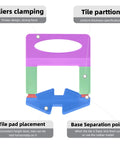 Diagram of a Pro Tile Leveling System Kit With One Thousand Spacer Clips And Three Hundred Reusable Wedges showing clamping and partition.