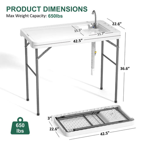 42.5 Inch Folding Fish Cleaning Table with sink and hose hookup, 650 lb capacity, shown expanded and folded for outdoor use.