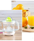 BXFirs Electric Masticating Juicer For Citrus Fruits Lemon Orange Grapefruit Press With Easy Clean Spout 45W Squeezer Machine on kitchen counter with fresh juice.