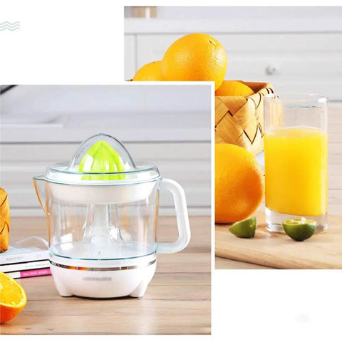 BXFirs Electric Masticating Juicer For Citrus Fruits Lemon Orange Grapefruit Press With Easy Clean Spout 45W Squeezer Machine on kitchen counter with fresh juice.