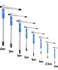 8 Piece Metric T Handle Hex Key Wrench Set With Speed Sleeves For Fast Spin Action, sliding top, long shafts, various sizes