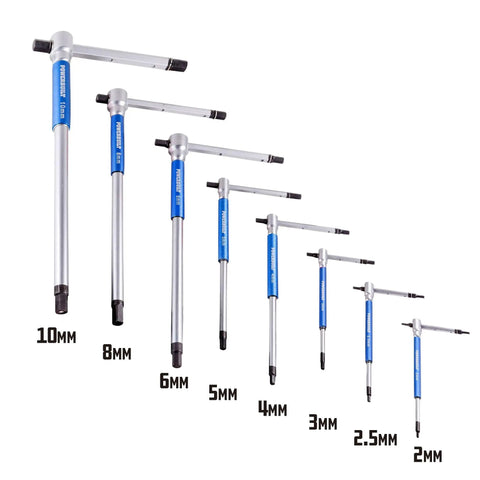 8 Piece Metric T Handle Hex Key Wrench Set With Speed Sleeves For Fast Spin Action, sliding top, long shafts, various sizes