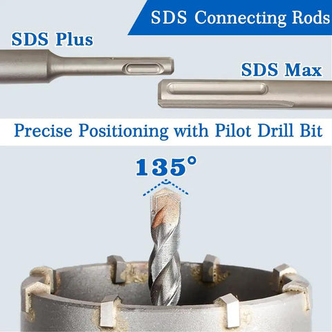 Rock Solid 9 Piece Masonry Hole Saw Kit With Tungsten Carbide Inserts For Concrete Brick And Tile SDS Plus Shank Heavy Duty Core Bits To Drill Smooth Holes Quick SDS Plus and SDS Max rods with 135° pilot bit