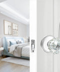 Crystal Glass Privacy Door Knobs With Lock In Polished Chrome For Bedroom And Bathroom on white door in bedroom setting