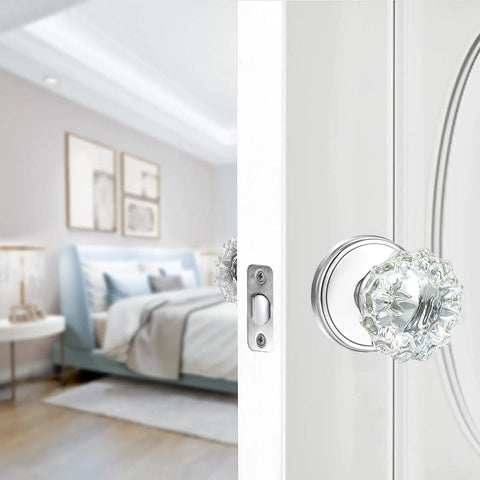 Crystal Glass Privacy Door Knobs With Lock In Polished Chrome For Bedroom And Bathroom on white door in bedroom setting