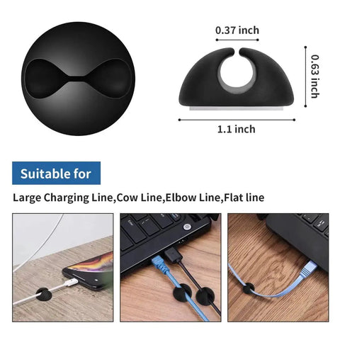 8 Pack Adhesive Cable Clips For Desk Cable Management And Wire Organization, showing size and use examples with computer cables.