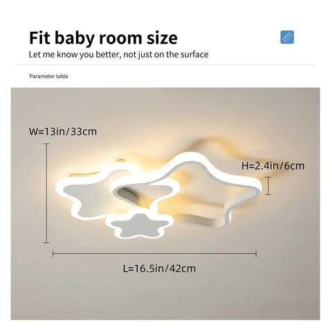 Dimmable LED Ceiling Light Star Shaped Cartoon Design Acrylic Chandelier With Remote, 32W, dimensions labeled