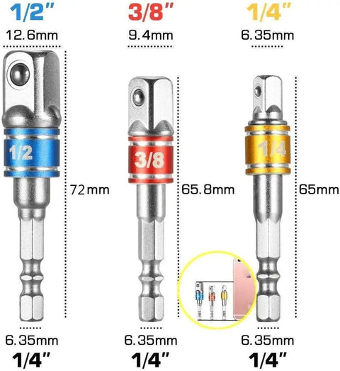 Flexible Drill Bit Extender And Universal Socket Wrench Set with 105 Degree Right Angle Attachment, 1/4, 3/8, 1/2 adapters shown