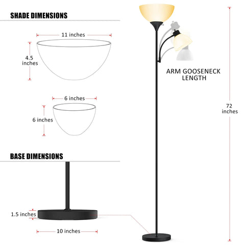 Dimensions of LED Torchiere Floor Lamp With Adjustable Reading Light For Bedroom And Living Room, Matte Black Standing Lamp