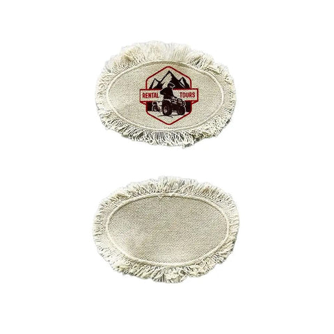 Eight Pack Sublimation Blanks For Hats And Garments 100 Percent Polyester Heat Press Ready Patches with white fringe detailing