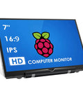 7 inch IPS monitor displaying Raspberry Pi logo, 16:9 ratio, compact design