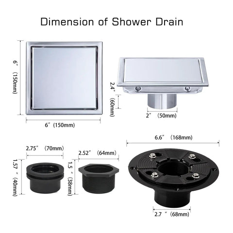 Dimensions of 6 Inch Square Shower Drain Featuring Killer Flow Performance On Heavy Duty Stainless Steel for bathroom.