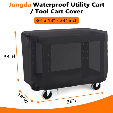 Waterproof Rolling Tool Cart Cover 36x18x33 Inch for 32x18 Mobile Utility Carts in black, shown installed on cart.