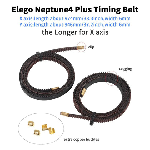 Neptune4 Plus X Y Belt Upgrade Kit 2GT Synchronous Drive Belts Non Slip RF Timing Belt 974mm X Axis 946mm Y Axis 6mm Copper Buckle Easy Install For FDM 3D Printer, belts and copper clips