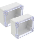 Rugged Waterproof Clear Plastic Junction Box For Outdoor Lighting And Power Supply, Super Durable Dustproof Enclosure For Sensitive Electronics With Easy Install Universal Fit, shown in two sizes.