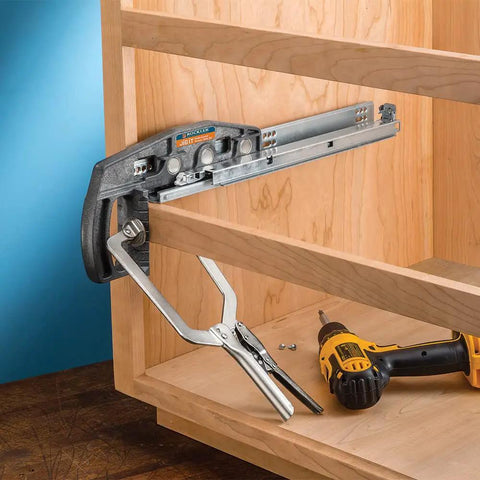 Top Shelf 21 Inch Undermount Drawer Slides Engineered For Seamless Full Extension Cabinet Glide with clamp tool installed.