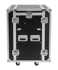 14U DJ Rack Case With Heavy Duty Reinforced Frame And Tough As Nails Mobility Setup For Smoother Rolling Studio Gear Protection During Live Gigs Today, rear view with locks and wheels.