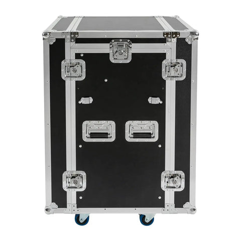 14U DJ Rack Case With Heavy Duty Reinforced Frame And Tough As Nails Mobility Setup For Smoother Rolling Studio Gear Protection During Live Gigs Today, rear view with locks and wheels.