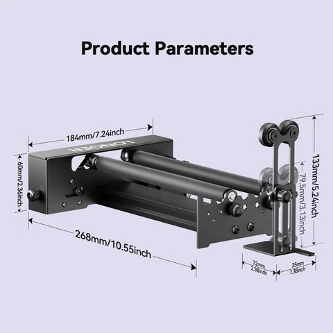 Longer laser engraver rotary roller with bracket; metal frame, 360° Y-axis rotation for cylindrical objects