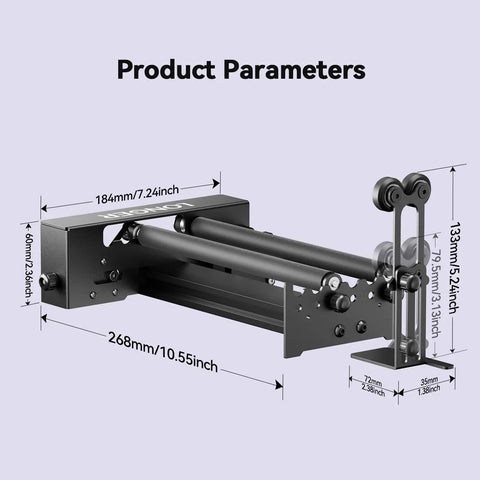 Level Up Your Shop With This Straight Fire 360 Degree Laser Rotary Roller And 8 Piece Riser Pads Kit For Ray 5 Engraver dimensions and design.