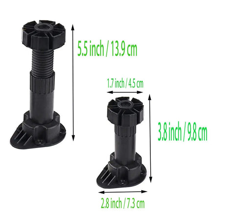 Adjustable Black Cabinet Leveler Legs 6 Pack With Easy Install Screws Height From About Four To Five Inches, Each Leg Supports Up To 330 Lbs, Moisture Resistant Furniture Feet For Kitchen And Bathroom Cabinets