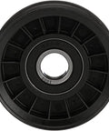 DriveAlign belt drive idler pulley, black plastic wheel with metal bearing bore, front view
