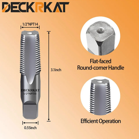 Precision Half Inch NPT Pipe Tap With 14 Threads Per Inch For Plumbers Mechanics And DIY Enthusiasts High Carbon Steel Cutting Tool With Heat Treated Strength Long Lifespan And Protective Case DeckRKAT, showing dimensions and features.